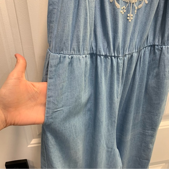Small. Thin blue jean/ chambray jumpsuit. Embroidered top. - Picture 8 of 14